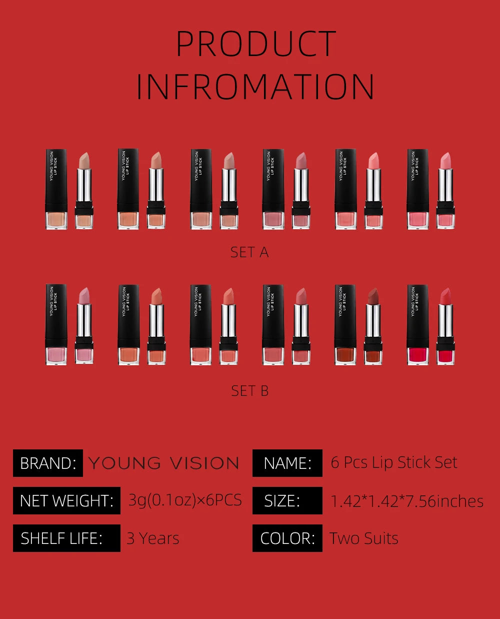 6 pcs /set matte lipstick